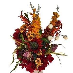 Artificial Floral Arrangement Bouquet - Fall Colors Red Yellow & Textured Accent